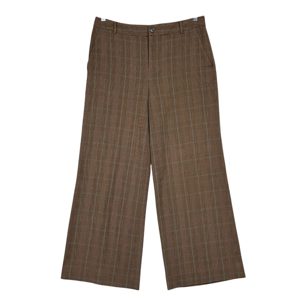 Chaps Dress Pant Brown Teal High Rise Wide Leg Glen Plaid Slacks Womens Sz 8